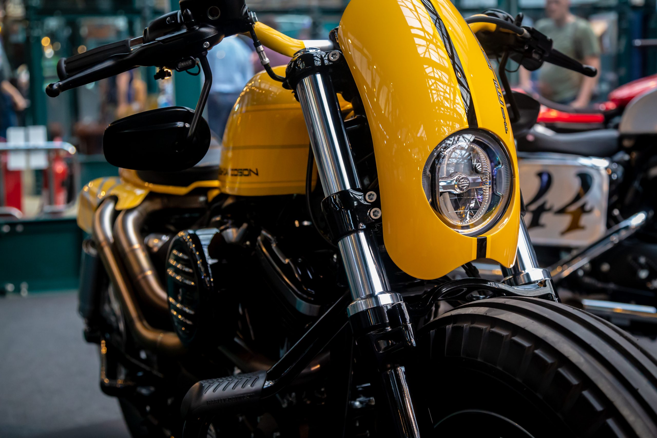 Yellow Harley Davidson custom motorcycle called The Mustdard