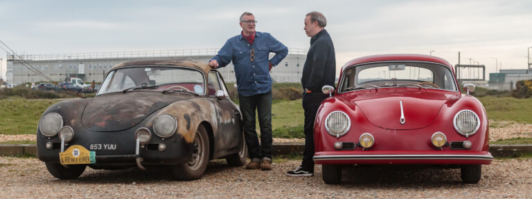 Two Porsche 356 drivers standing by their cars at Dungeness